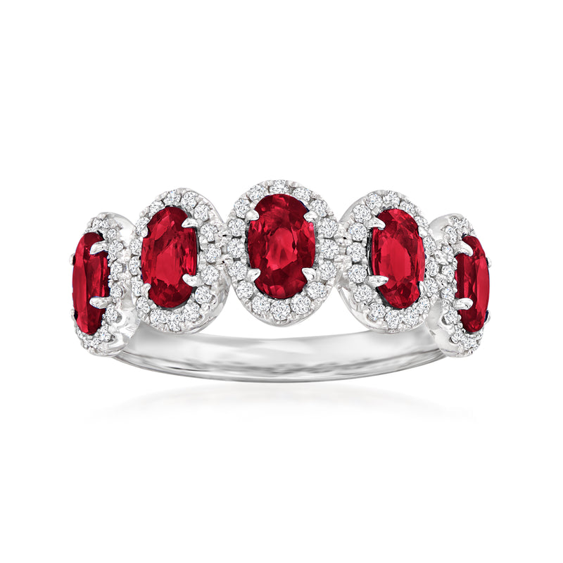 Five-stone ruby and diamond ring in 18kt white gold, oval rubies with round diamond halos
