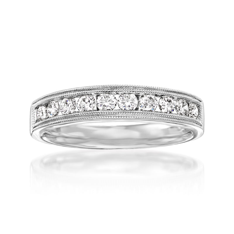 14kt white gold diamond milgrain band ring with pave-style row of clear stones
