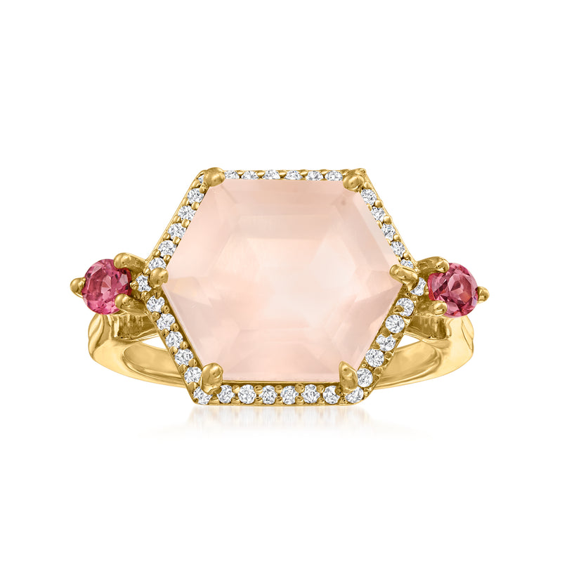 Gold-tone ring with octagon rose quartz center, red rhodolite accents, white stones on band