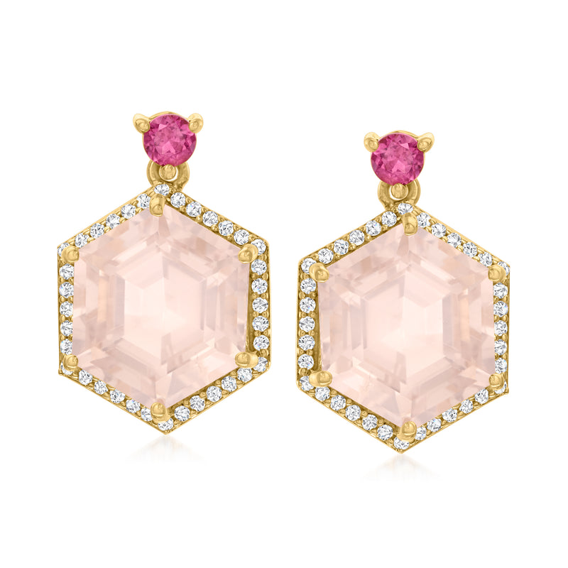 Gold-tone drop earrings with pink round top stones and large pale pink faceted octagon halos