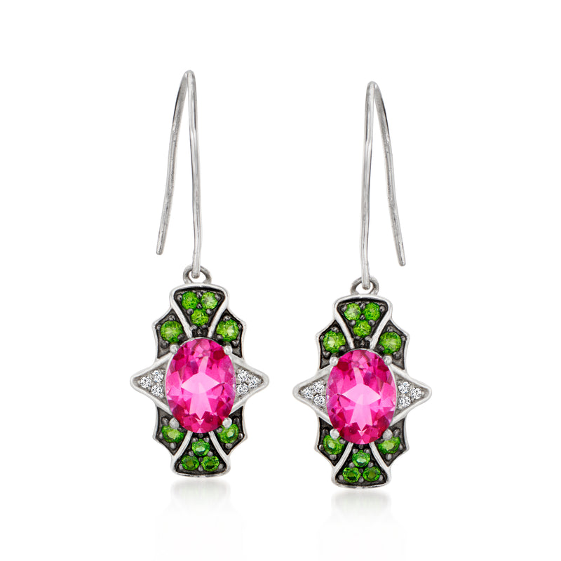 Sterling silver drop earrings with pink center gem and green side stones, star settings.