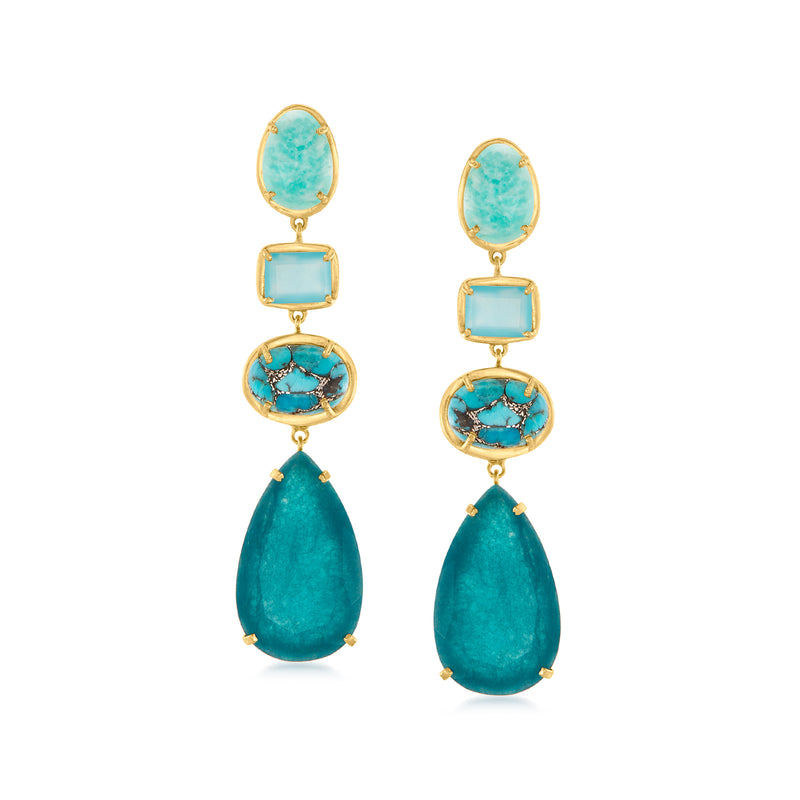 Gold-tone drop earrings with turquoise oval, square, round and teardrop gemstones