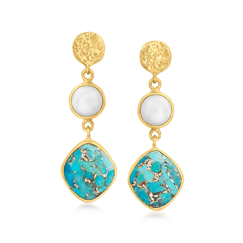 Gold drop earrings with turquoise teardrop stone, white cultured pearl, and textured caps.