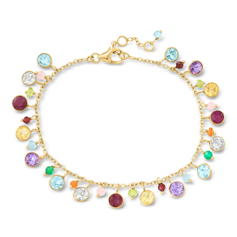 Multi-gemstone bead station bracelet with gold-tone chain and multicolor round gems