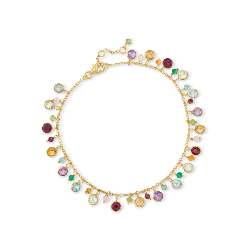 Gold-tone multi-gemstone drop anklet with bezel-set round stones on link chain