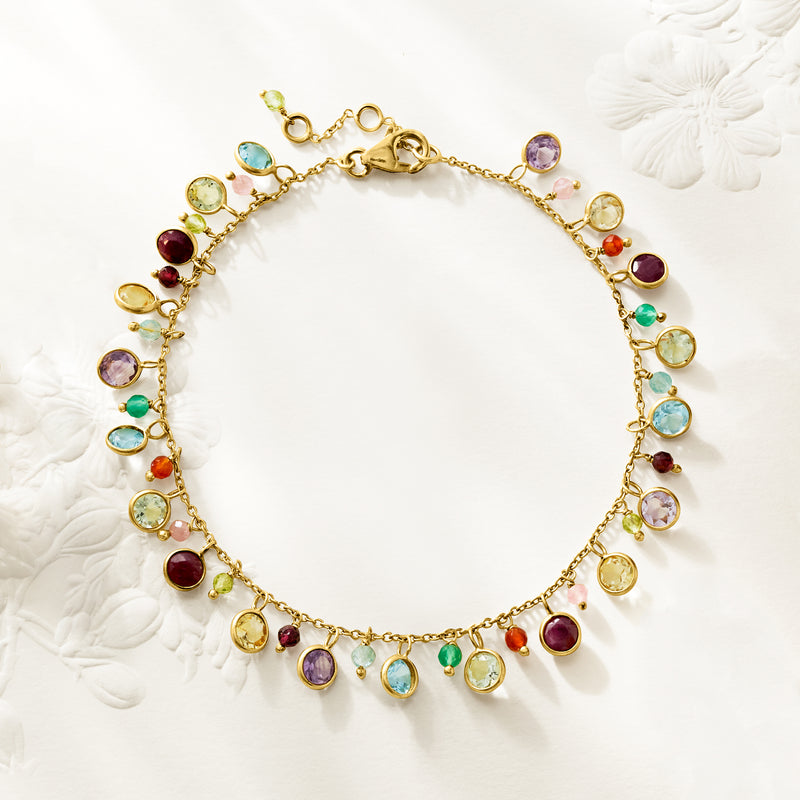 Gold-tone multi-gemstone drop anklet with colorful round stones and spring-ring clasp