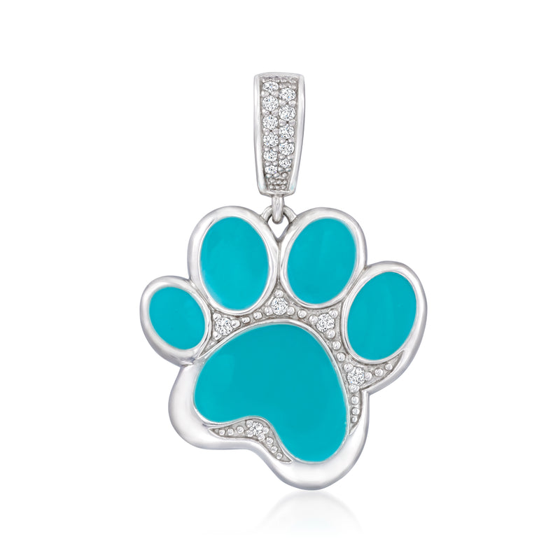 Turquoise enamel paw print pendant in sterling silver with clear CZ details