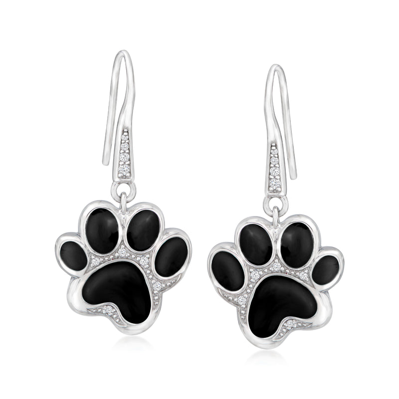 Belle Etoile black enamel paw print drop earrings in sterling silver with CZ accents
