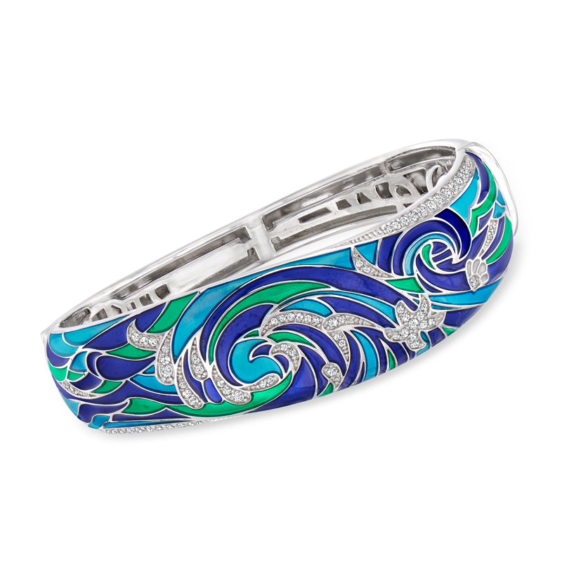 Sterling silver bangle with multicolored enamel ocean wave design and CZ accents