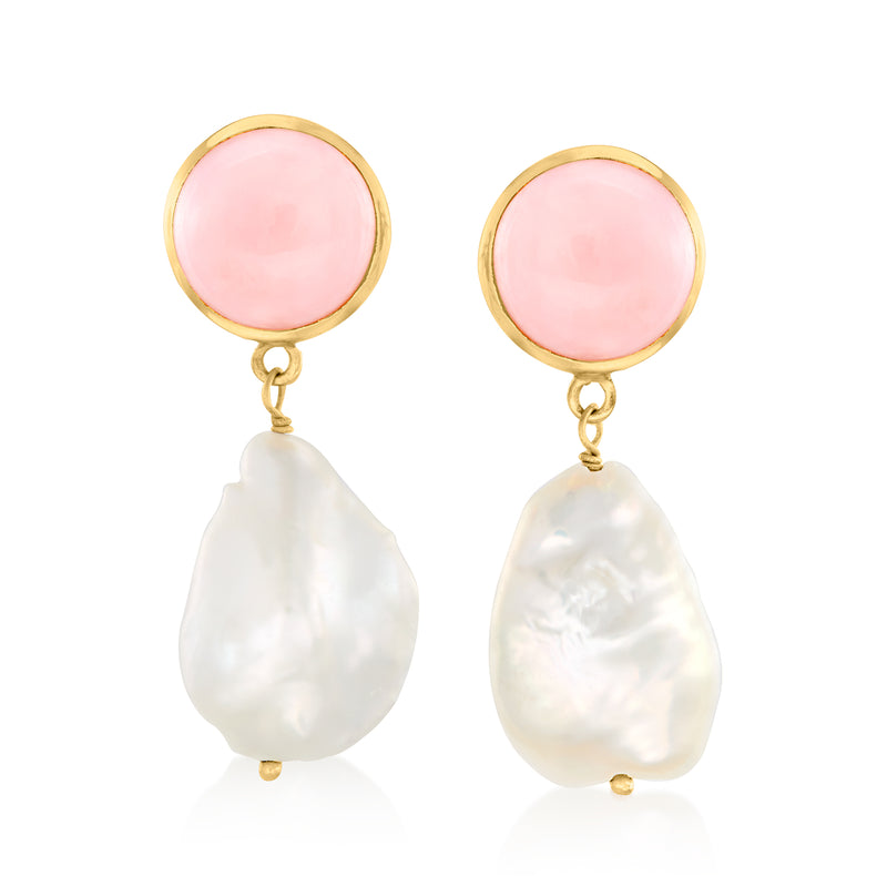 18kt gold over sterling opal-and-pearl drop earrings, pink opal discs with white baroque pearls