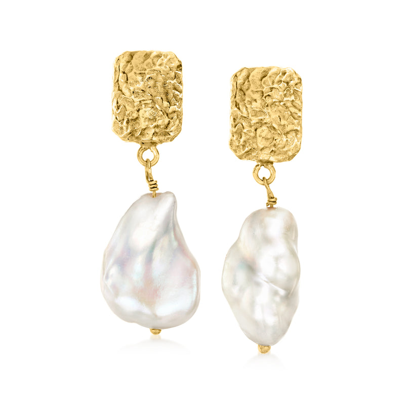 Cultured baroque pearl drop earrings with gold-tone caps and teardrop pearls