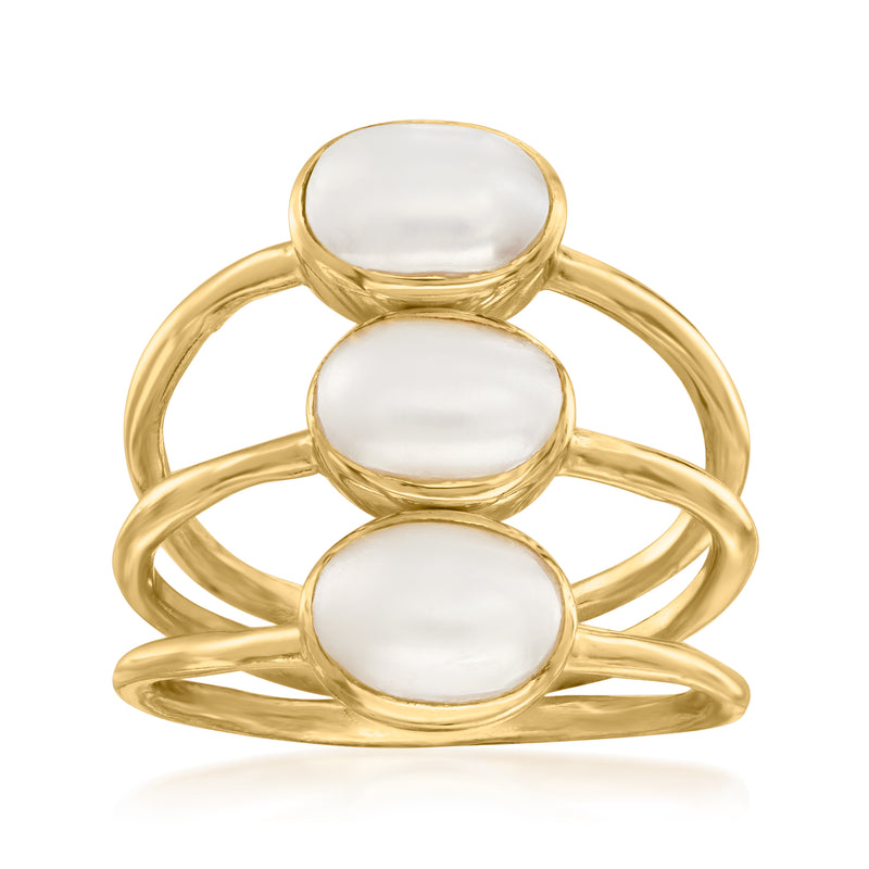 Gold over sterling multi-row ring with three oval cultured pearls