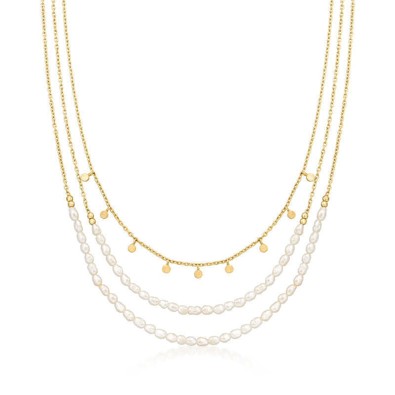 Layered pearl necklace with baroque freshwater pearls and gold over sterling chain