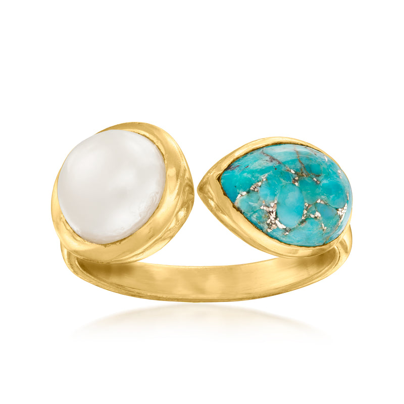 Two-stone toi et moi ring in 18kt gold over sterling with white pearl and turquoise