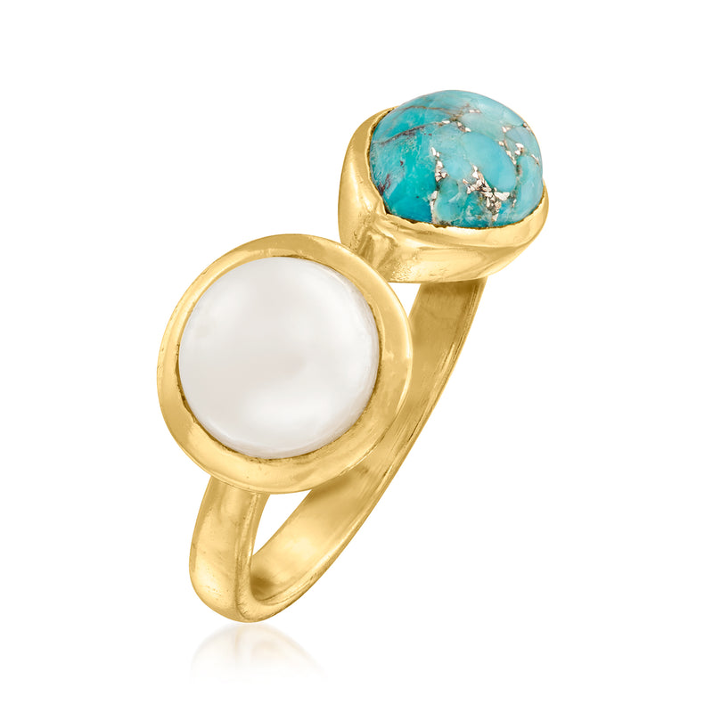 Toi et moi ring, white pearl front and turquoise oval stone on 18kt gold over sterling