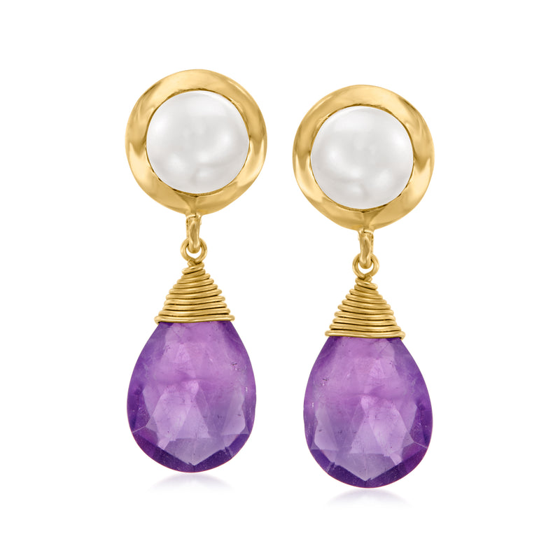 Gold drop earrings with white cultured pearl tops and faceted amethyst teardrops