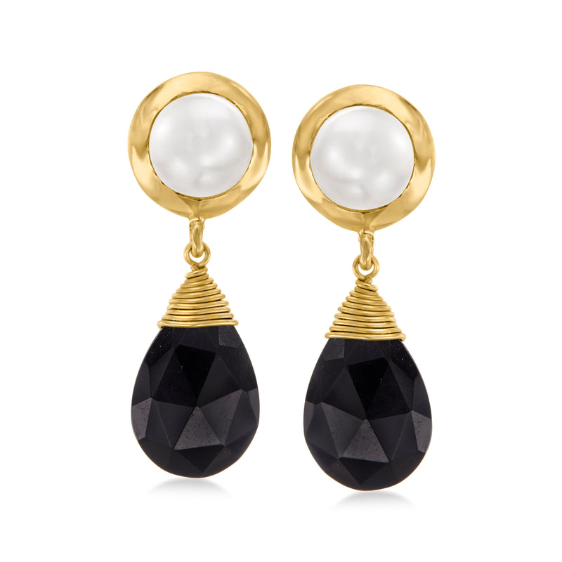 Gold drop earrings with white pearls and faceted black onyx teardrops