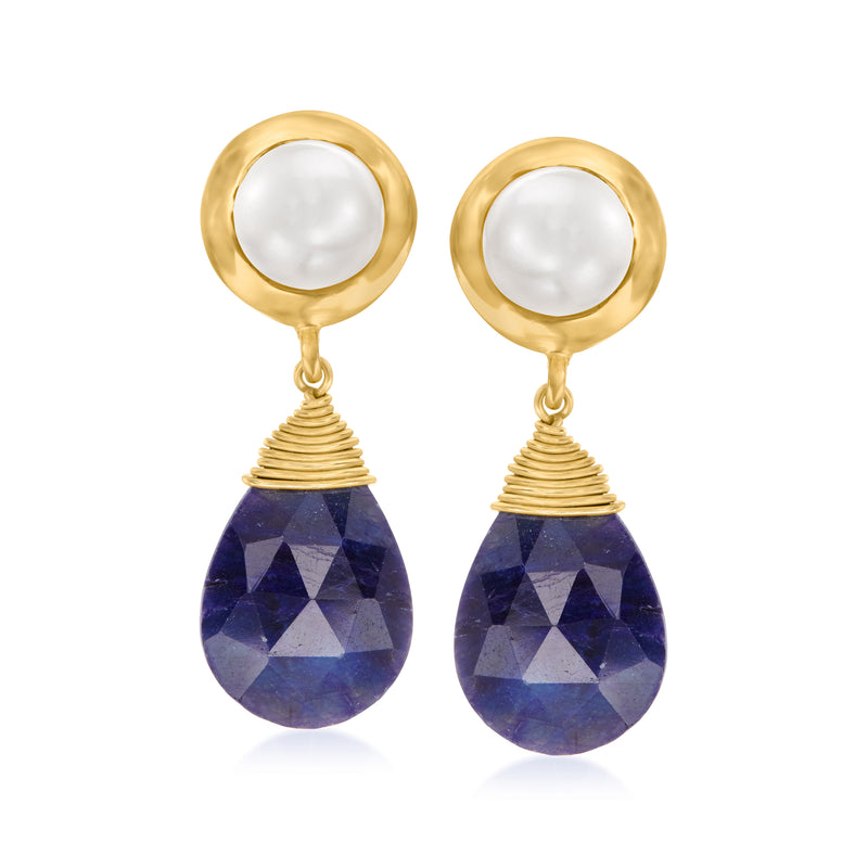 Gold drop earrings with pearl tops and dark blue teardrop sapphire drops