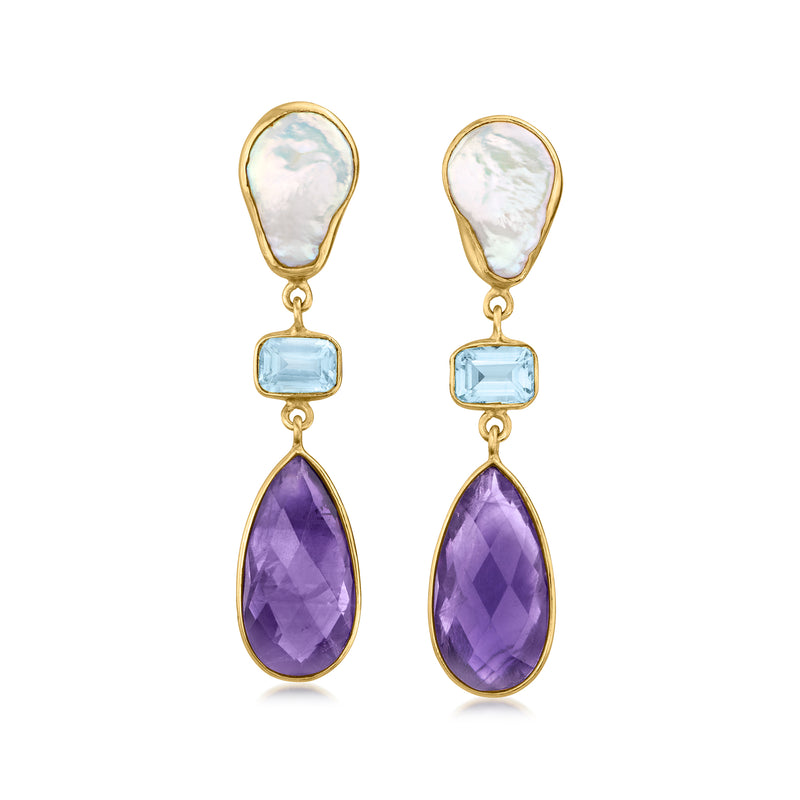 Gold drop earrings with white pearl, blue topaz and amethyst teardrops