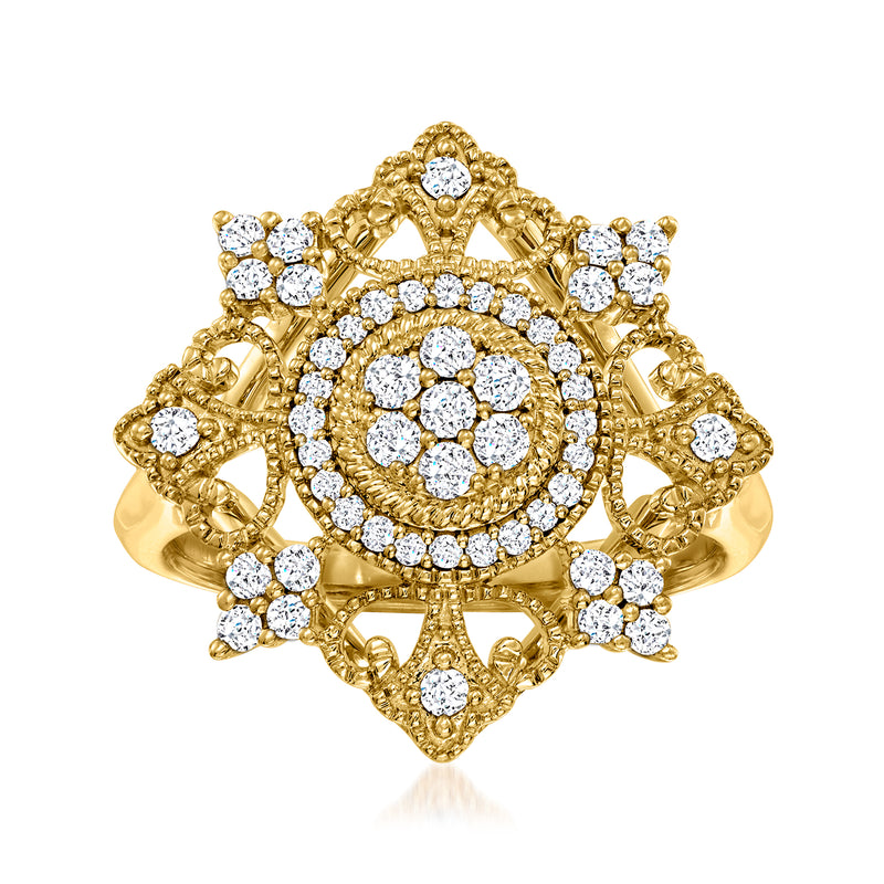 18kt gold over sterling diamond cluster ring with round stones and art deco scrollwork