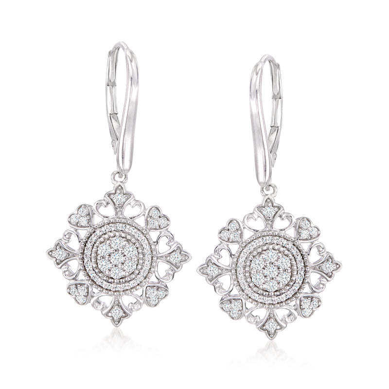 Sterling silver heart drop earrings with floral art deco halo, leverback clasps
