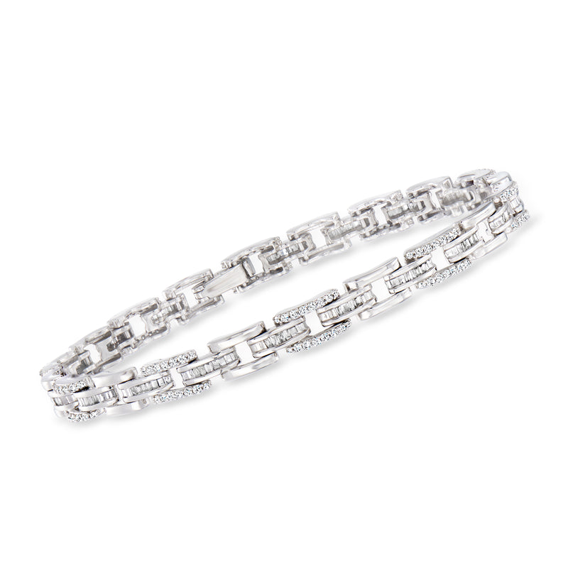 14kt white gold diamond link bracelet with baguette and round stones, multi-row