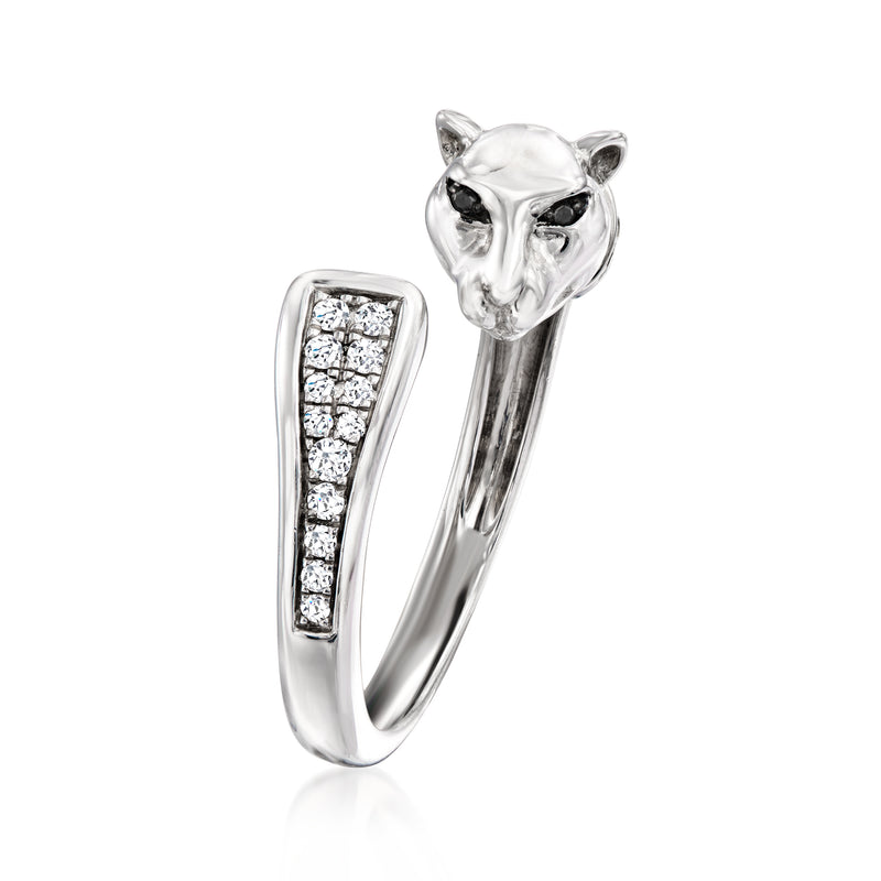 Sterling silver panther ring with black accents and white diamond pavé