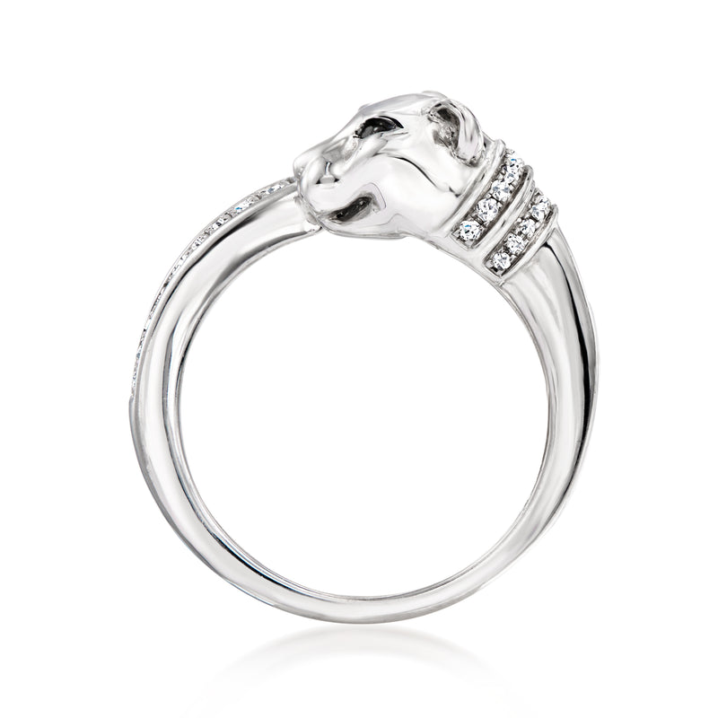 Panther ring in sterling silver with white and black diamond accents