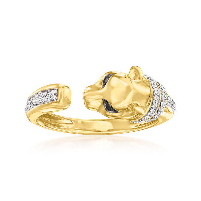 Gold panther ring with diamond-style stones, open band
