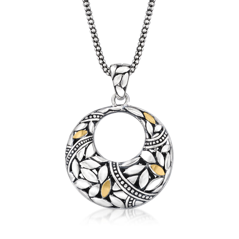 Bali-style leaf circle pendant necklace in sterling silver with 18kt yellow gold accents