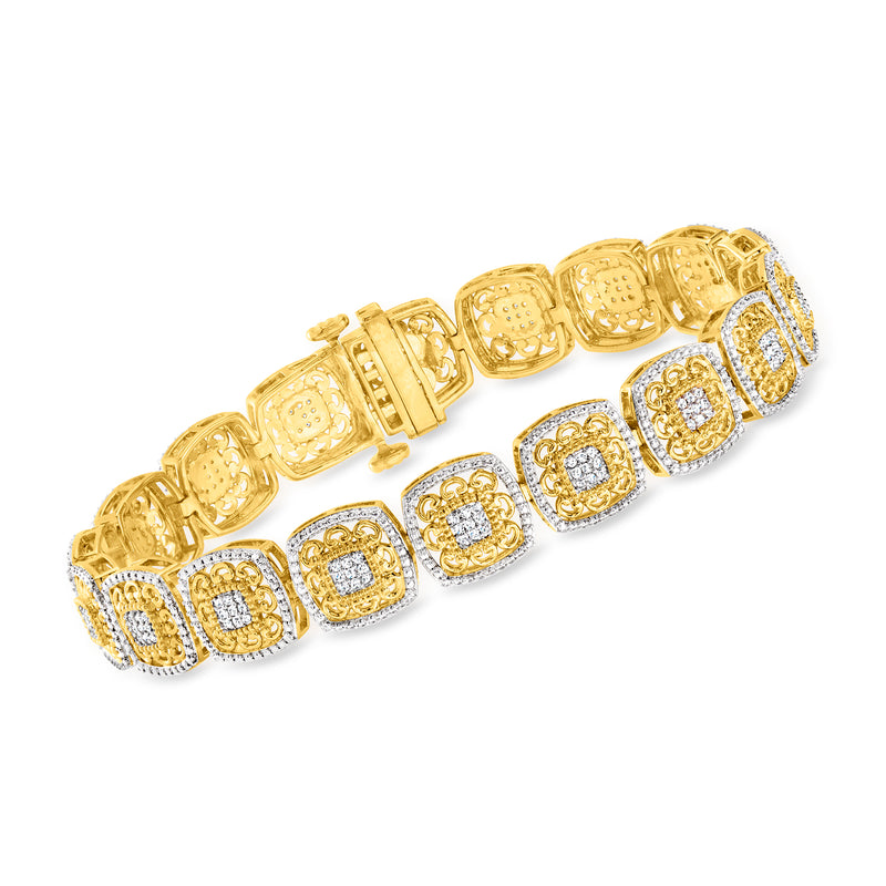 Gold over sterling cushion-link bracelet with milgrain edges and diamond-look square stations