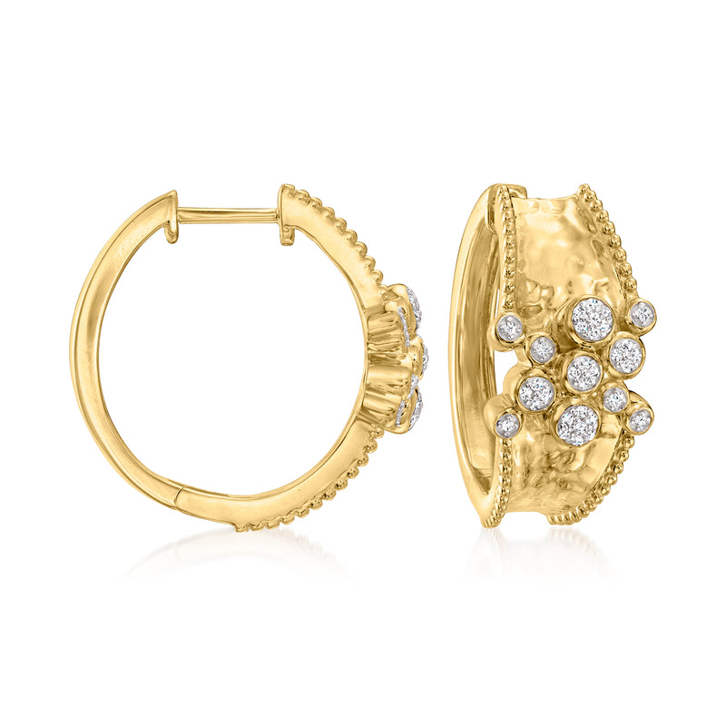Gold hammered hoop earrings with clustered round stones