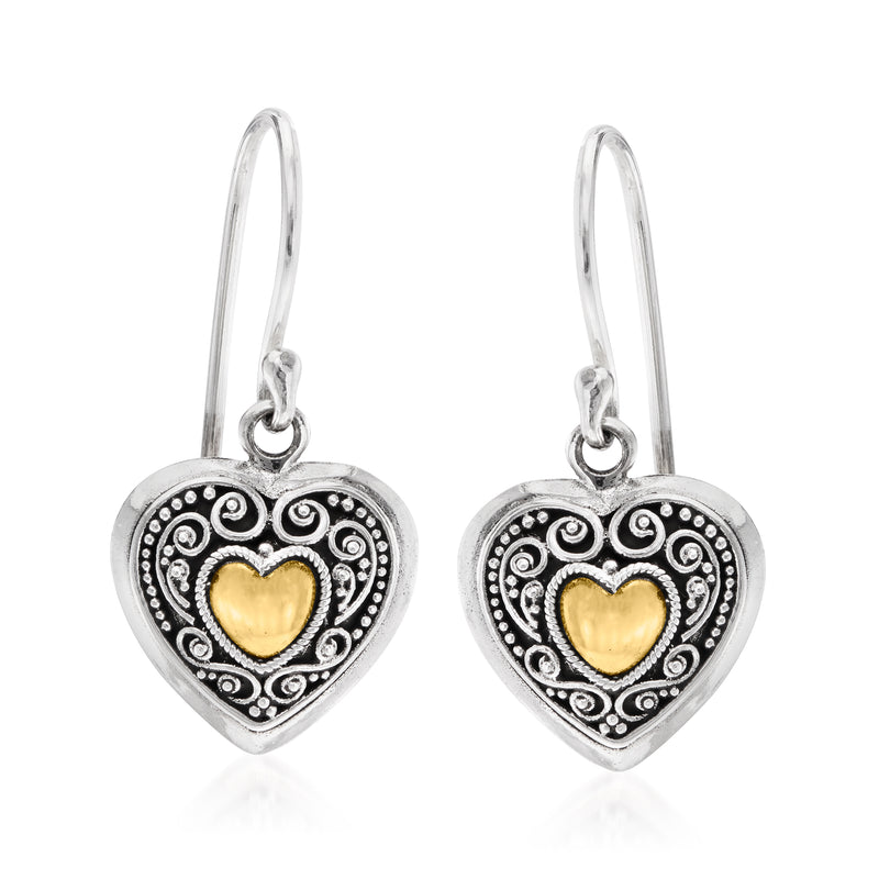 Heart drop earrings with sterling silver heart and gold-tone center, hoop earwires