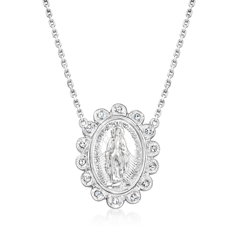 Sterling silver diamond Miraculous Medal necklace with oval holy figure pendant