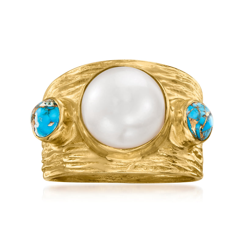 18kt gold over sterling ring with large white pearl and two blue turquoise stones