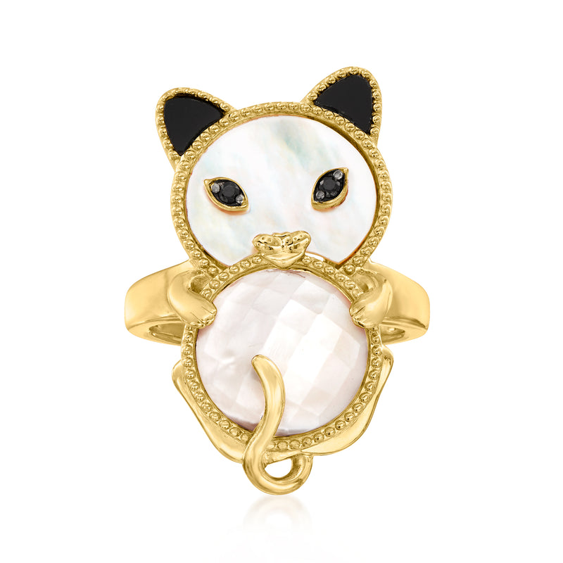 Gold cat ring with mother-of-pearl face and black onyx eyes, openwork tail detail