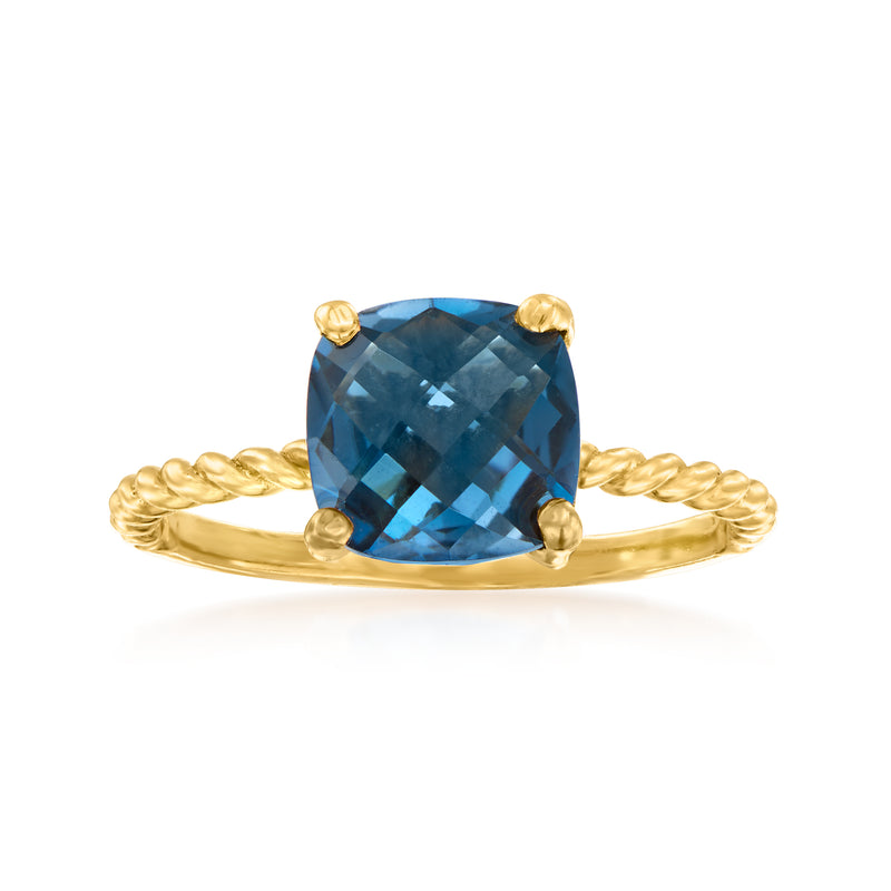 Twisted gold ring with large London-blue square topaz gemstone