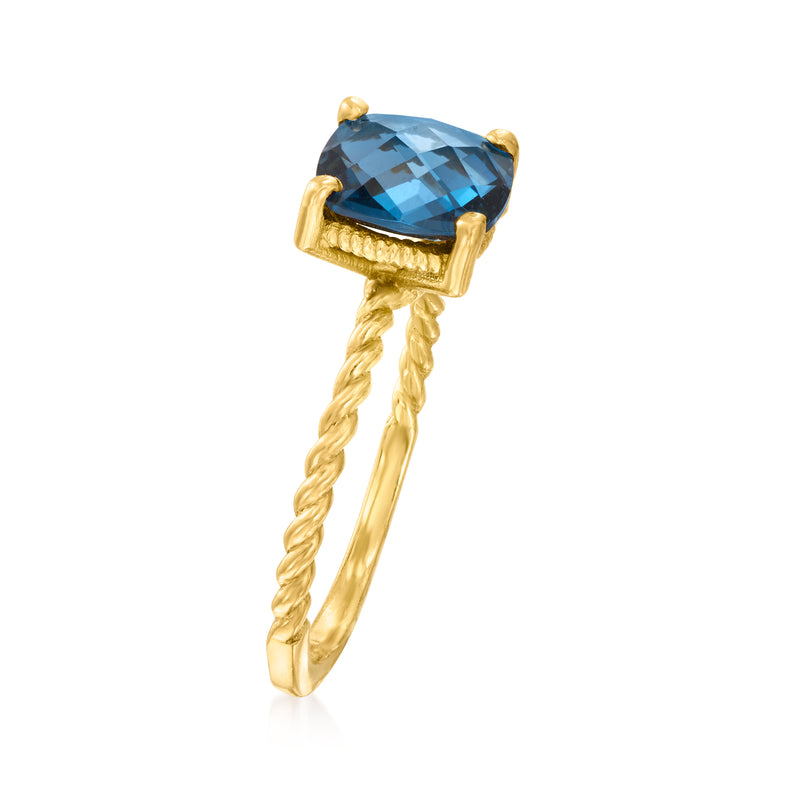 Gold prong-set ring with blue square gemstone on twisted band