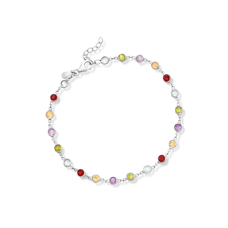 Sterling silver multi-gemstone anklet with small oval colored stones and clasp