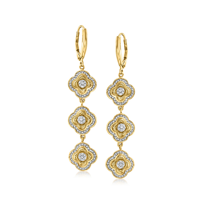 Gold over sterling diamond floral drop earrings with three round halo medallions