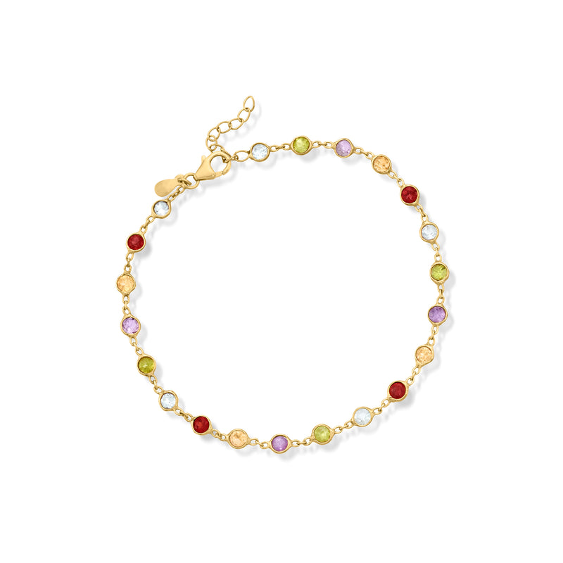 Gold over sterling multi-gem anklet with round colorful stones and clasp chain