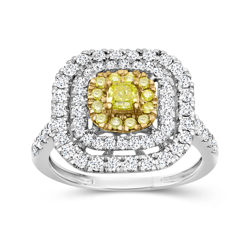 White gold ring with yellow center diamond and layered white diamond halo
