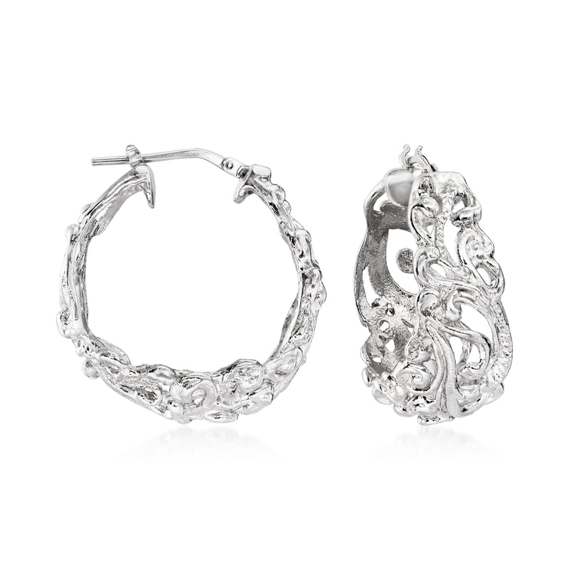 Sterling silver Florentine-style hoop earrings, ornate textured hoops