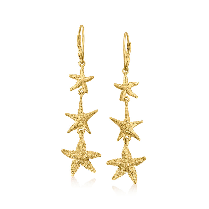 Gold-tone starfish drop leverback earrings with three dangling star charms