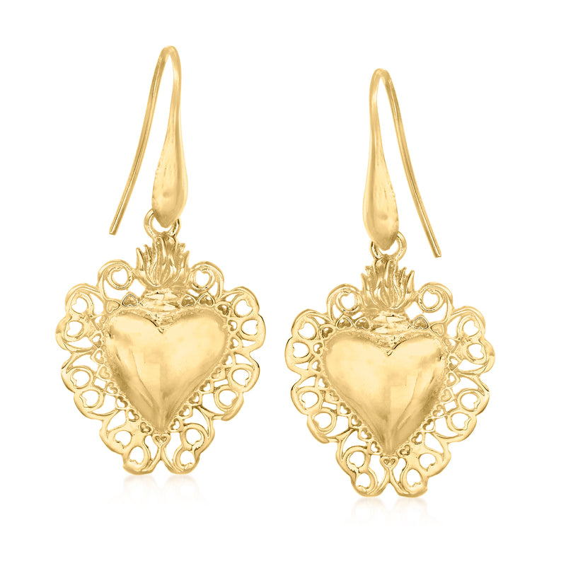 Gold heart drop earrings with filigree, hook earwires