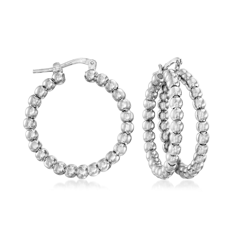Sterling silver beaded double hoop earrings with rounded bead hoops and hinged posts