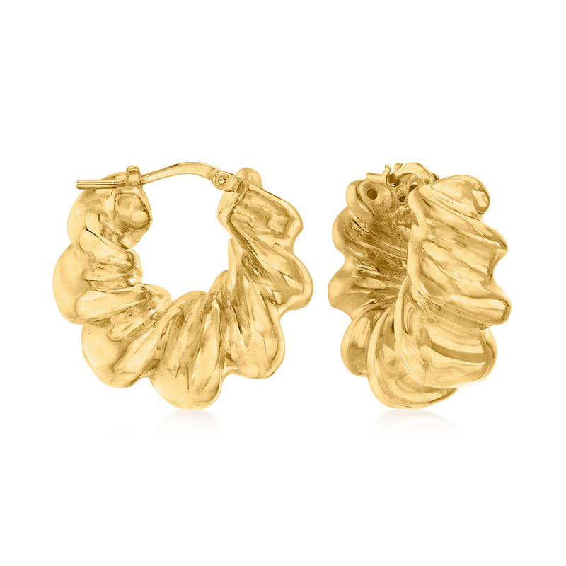 18kt gold over sterling ribbed hoop earrings, hinged clasp closure