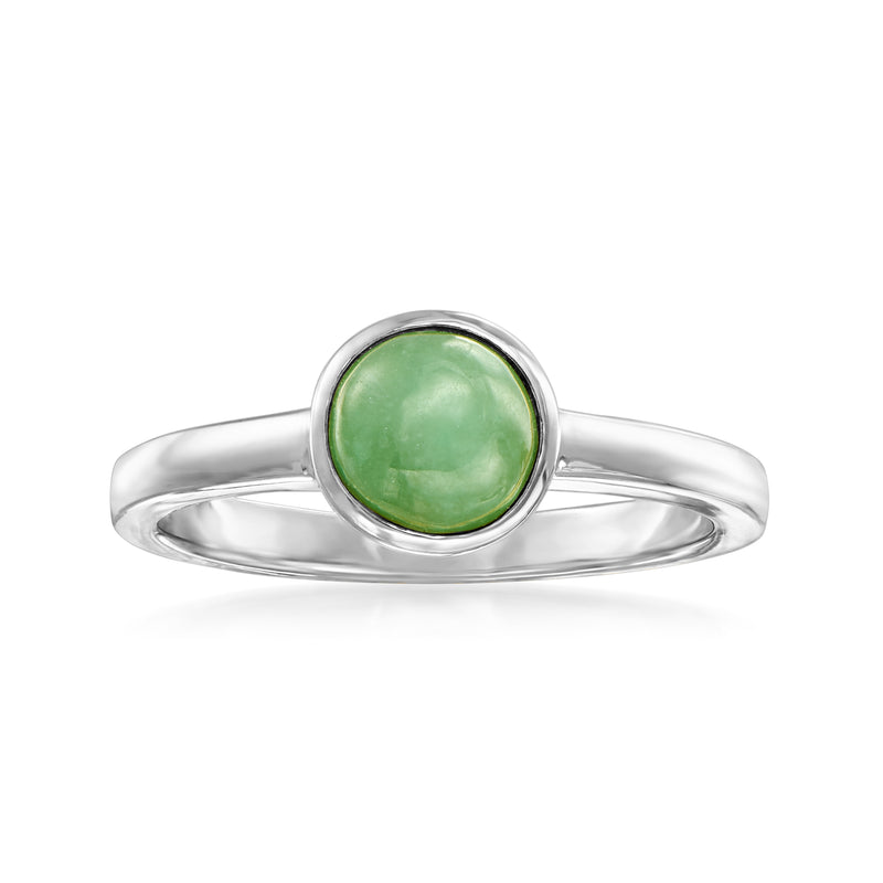 Sterling silver ring with bezel-set oval green jade gemstone, polished band