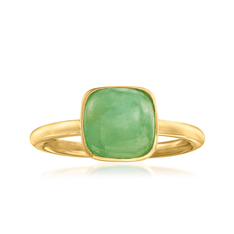 Gold-tone bezel ring with square green jade centerpiece and slim band.