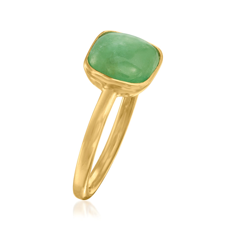 Gold-tone square bezel ring with green jade stone and curved slim shank.